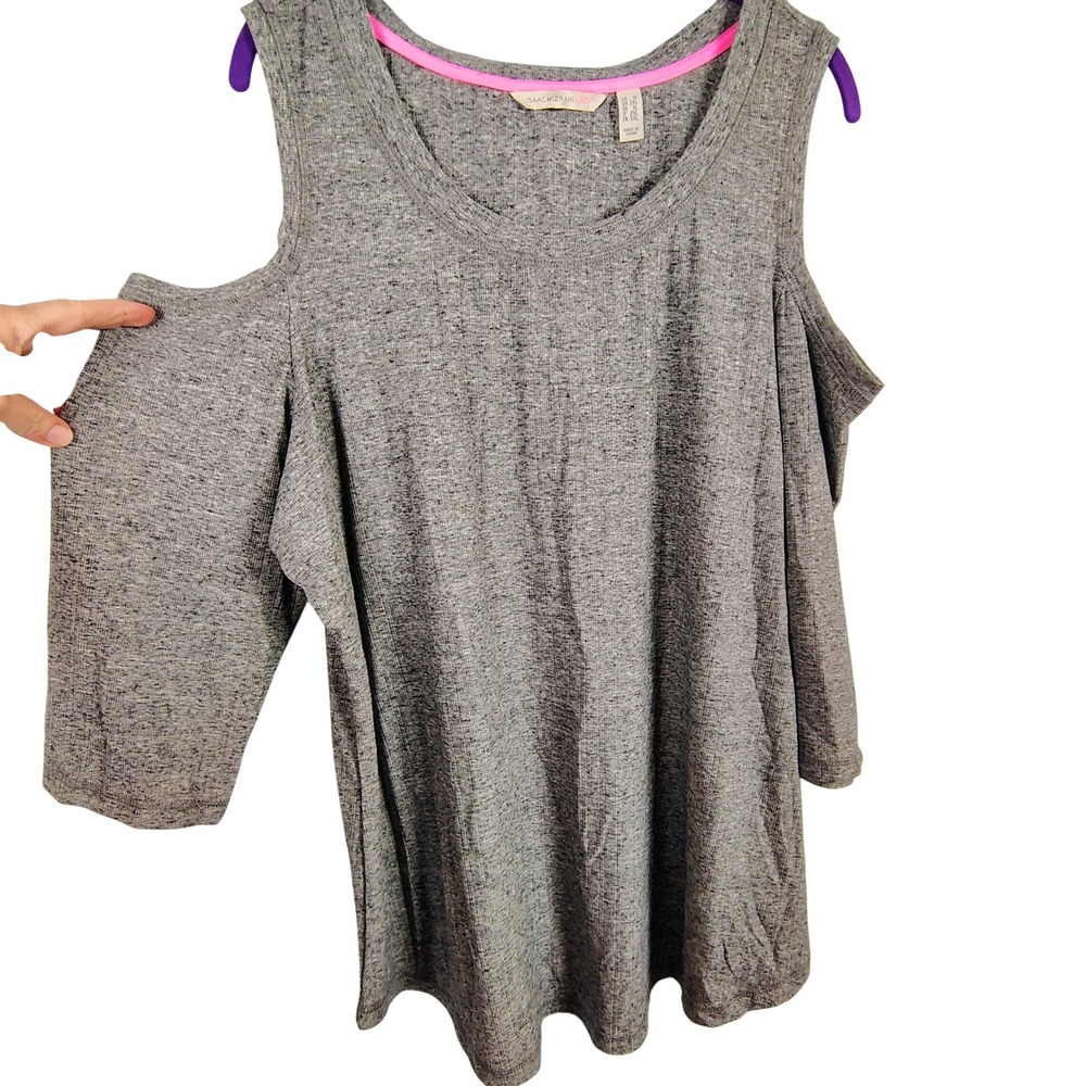 Isaac Mizrahi Womens 1X Cold Shoulder Top Grey Linen Blend Ribbed Casual Modern